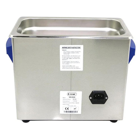 Back view of Digital Frequency Adjustable Ultrasonic Cleaner with Sweep and Degas Functions showing plug and control label
