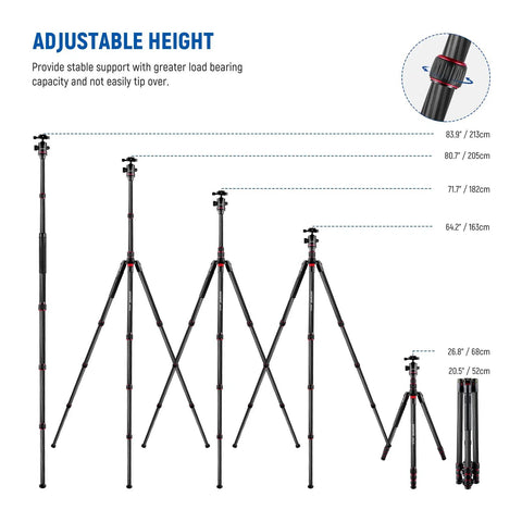 Top Tier Carbon Fiber Camera Tripod And Monopod Travel Stand with adjustable heights ranging from 20.5" to 83.3" for stable photography.