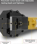 Pneumatic Carton Sealer with adjustable depth and tension for 15 to 18mm tape, lightweight zinc aluminum alloy.