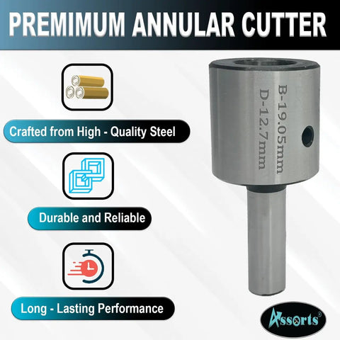 Premium annular cutter made from high-quality steel, labeled B-19.05mm D-12.7mm, emphasizing durability and long-lasting performance.