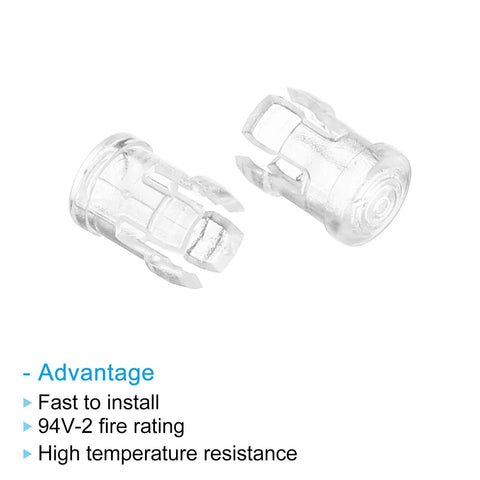 3mm LED Holder Clip Mounting Bracket Socket Cap, transparent PC plastic, shown with fire rating and installation advantages