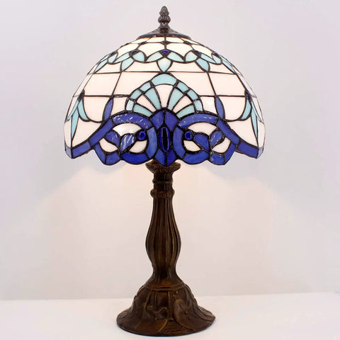 Navy Blue Baroque Tiffany Style Table Lamp With Stained Glass Finish For Desk Bedside Reading Light 12 By 12 By 18 Inches