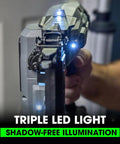 24V Brushless Cordless 18 Gauge Brad Nailer Kit close-up showing triple LED light for shadow-free illumination.