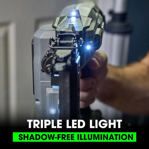 24V Brushless Cordless 18 Gauge Brad Nailer Kit close-up showing triple LED light for shadow-free illumination.