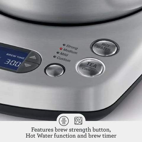 Close-up of the display and controls of a Tea Maker Infuser And Water Kettle 51 Oz Capacity With Programmable One Touch Controls.