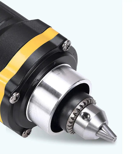 Close-up of Workhorse 500W Rotary Tool Kit chuck showing the precision grip for accessories and speed control features.