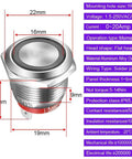 Product specifications for Rugged 19mm Stainless Steel Momentary Push Button Switch With Blue LED Waterproof 4 Pin SPST, dimensions and details shown.