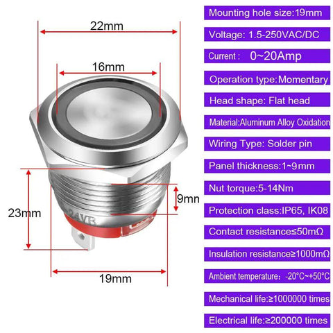 Product specifications for Rugged 19mm Stainless Steel Momentary Push Button Switch With Blue LED Waterproof 4 Pin SPST, dimensions and details shown.