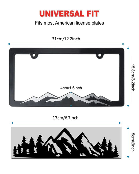 Mountain License Plate Frame Set, Black Plastic Car Tag Holder Bracket With Screws And Caps, 2 Pack, 2 Hole Mount, dimensions shown.