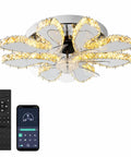 Crystal Ceiling Fan with LED Light, Flower Design, Chrome featuring remote control and smartphone app for easy operation.