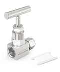 Angled front view of TAISHER 304 stainless steel needle valve with T-handle; 1/2 in NPT female x 1/2 in tube OD.