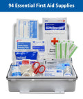 Front view of white First Aid Only 94-piece ANSI A 2021 OSHA-compliant first aid kit opened to reveal supplies.