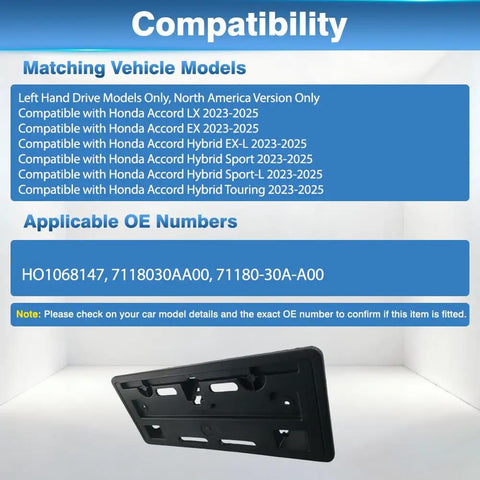 Compatibility chart and Front Bumper License Plate Frame And Mounting Bracket For Honda Accord LX 2023 2024 2025 Replacement ABS Holder