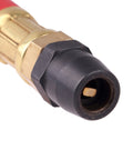 Close-up of a Bayonet Style Tire Inflator Gauge With 12 Inch Heavy Duty Air Hose And Straight Head Chuck, brass connector detail.
