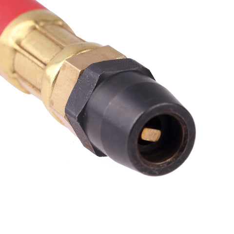 Close-up of a Bayonet Style Tire Inflator Gauge With 12 Inch Heavy Duty Air Hose And Straight Head Chuck, brass connector detail.