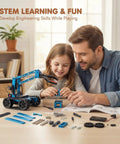 Robotic Arm Kit in blue, being assembled by a child and adult at a table with parts and tools laid out.