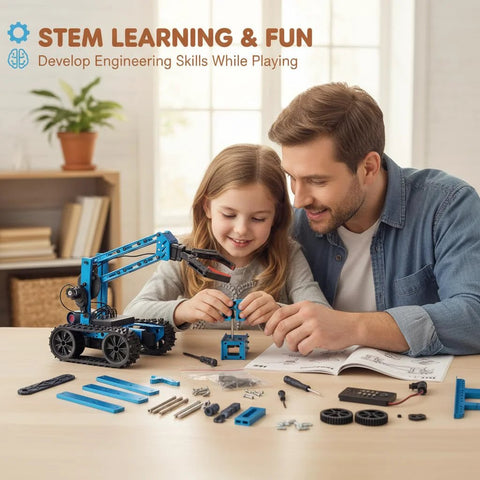Robotic Arm Kit in blue, being assembled by a child and adult at a table with parts and tools laid out.