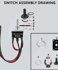 Switch assembly drawing for Beefy 12V Linear Actuator with polarity reverse switch components labeled.