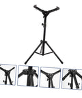 Heavy Duty Adjustable Height Tripod Snare Drum Rack Stand With Slick Black Alloy Finish, showing adjustable height and secure base.