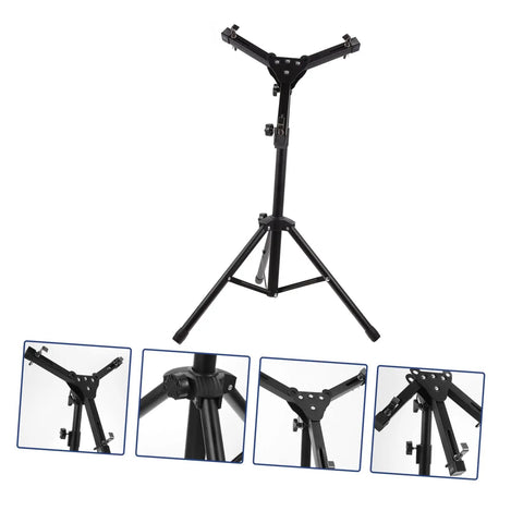 Heavy Duty Adjustable Height Tripod Snare Drum Rack Stand With Slick Black Alloy Finish, showing adjustable height and secure base.