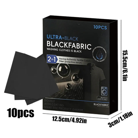 Black Fabric Dye Sheets 10 Pack That Restores Faded Clothes To Rich Black In Every Wash, packaging and sheet dimensions shown