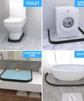 39 Inch Collapsible Shower Water Dam Barrier Keeps Water Inside Threshold For Easy Wet Dry Separation In Bathroom And Kitchen No Spill Stopper Designed To Stand Up To Foot Traffic And Everyday Use shown preventing water overflow around toilet, washing machine, countertop sink, and bathtub.