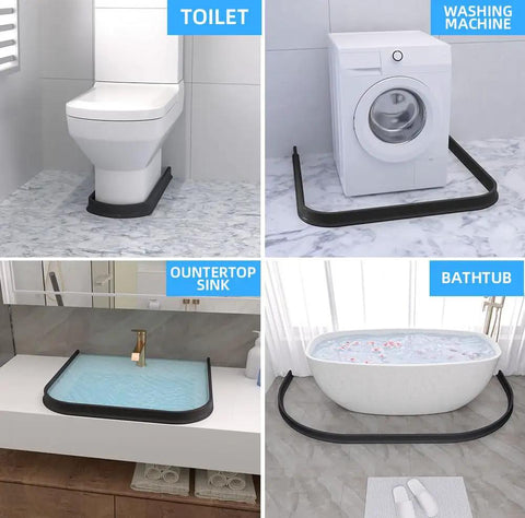 39 Inch Collapsible Shower Water Dam Barrier Keeps Water Inside Threshold For Easy Wet Dry Separation In Bathroom And Kitchen No Spill Stopper Designed To Stand Up To Foot Traffic And Everyday Use shown preventing water overflow around toilet, washing machine, countertop sink, and bathtub.