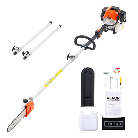 Gas Pole Saw With 43cc Two-Stroke Engine, 10 Inch Bar, 11.7 Ft Reach, 12,000 RPM, 1.75 HP Power, includes extension poles and toolkit