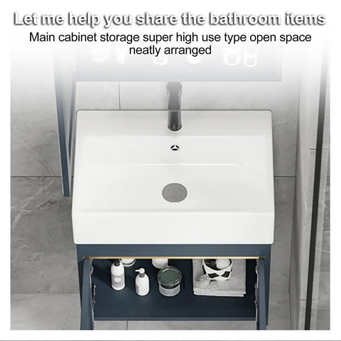 Vessel Sink Rectangular, Ceramic Vessel Sinks for Bathrooms, modern wall-mounted sink cabinet with open storage space.