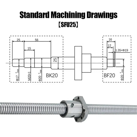 Heavy Duty Stainless Steel Lead Screw With Rotating Nut And 25mm Ball Screw For Linear Guide Systems High Precision Ballscrew 2525 Grinding Screw Industrial Grade Motion Component For CNC Machining And Robotics, technical drawing and screw photo