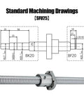 Pro Grade Heavy Duty Stainless Steel 25mm Ball Screw Kit With Lead Screw Rotating Nut For Linear Guide Systems Beefy Ballscrew 2525 Grinding Screw For Precise Motion Control And Industrial Machinery, technical drawing with BK20 and BF20 ends