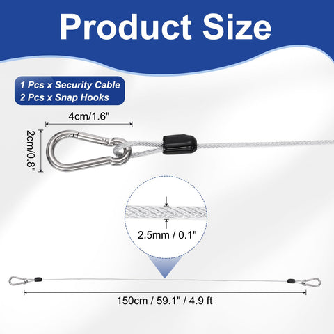 Heavy Duty PVC Coated Security Steel Cable With Snap Hooks 4.9 Ft Double Loop Wire Rope Lock For Outdoor Travel Luggage Bike Safety And Gear Clear Finish showing size and details.