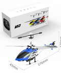 U12 RC Helicopter With Altitude Hold And Gyro Stabilization, shown with packaging and dimension labels, blue model