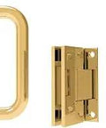 Polished brass Geneva shower pull and hinge set for 8 to 12 mm glass doors, frameless, heavy-duty, durable, DIY-friendly.