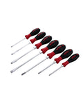 Extra Heavy Duty Slotted And Phillips Screwdriver Set 7 Piece With SoftFinish Cushioned Grips And Direct Molded Handles arranged linearly