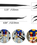 Close-up of tweezers in 15 Piece Model Tools Kit For Gundam And Car Models, used for assembly and detailing on Gundam model.
