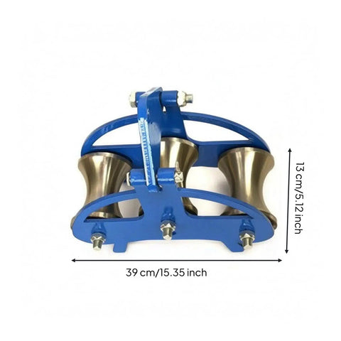 Heavy Duty Cable Pulley Roller Guide Block With Steel Frame And Visible Fasteners, Industrial Grade Three Wheel Steel Wheel Sheave For Utility Maintenance And Job Sites, 130 X 100 Mm, Smooth Low Friction, blue 3-wheel block