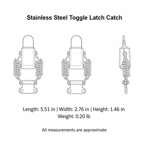 Diagram of Heavy Duty 304 Stainless Steel Toggle Latch With Double Spring Draw Catch showing dimensions and side view.