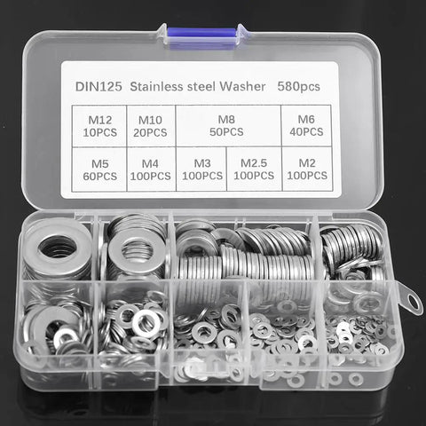 580 Piece Stainless Steel Washer Set From M2 To M12 With Flat And Spring Lock Washers for Home Auto and Industrial Projects