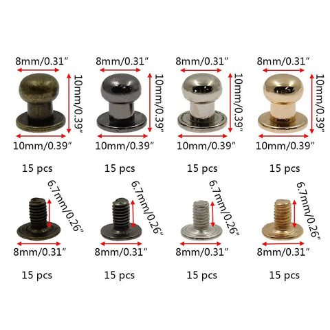 Top Shelf Chicago Screws And Leather Rivets For Badass Diy Projects 60 Piece Set 8Mm Multi Color Pack gold silver bronze black round head fasteners