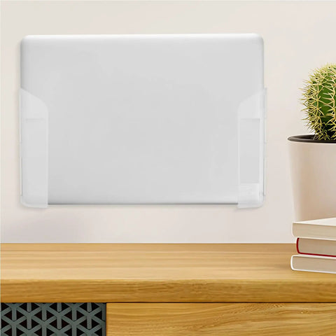 Top Shelf Under Desk Laptop Mount Clear Acrylic Wall Bracket For Universal Tablets And Keyboards Adjustable Mount holding a laptop.