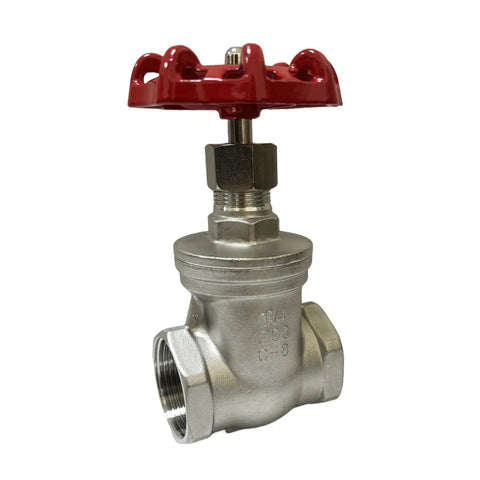 Heavy Duty Gate Valve One And A Quarter Inch NPT Female To Female Stainless Steel 316 Rotary Sluice Valve with red handwheel.