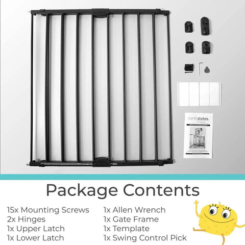 Package contents of Easy Swing and Lock Baby Gate Series 2 Hardware Mounted Metal Safety for Stairs and Doorways