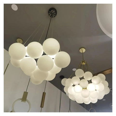 Bubble Glass Chandelier White Ball Suspension Pendant Lamp Hanging Light for Living Room Bedroom Home Decor,Modern with multiple round glass balls.