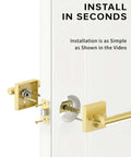 Installing the Gold Privacy Door Handle Set With Keyless Interior Button on a door, showcasing easy assembly and modern design.