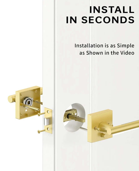 Installing the Gold Privacy Door Handle Set With Keyless Interior Button on a door, showcasing easy assembly and modern design.
