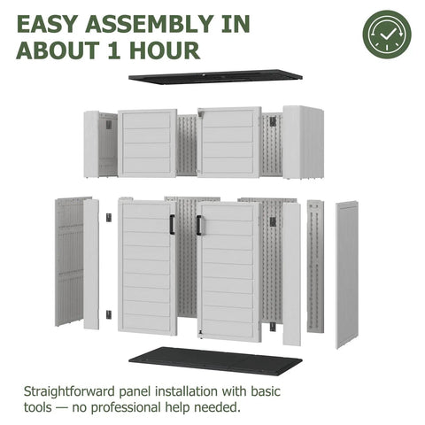 Exploded view of 61 Cu Ft Outdoor Storage Shed With 56 Inch Wide Design, Waterproof Resin Cabinet With Floor, easy assembly diagram