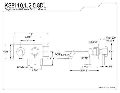 Diagram of Single Handle Wall Mount Bathroom Faucet In Brushed Nickel Finish With Quarter Turn Ceramic Cartridge And Swivel Spout.