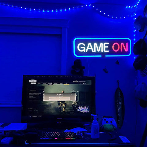 Blue Neon Gaming Sign Dimmable USB Powered Wall Decor for Game Room Bedroom and Man Cave above gaming setup