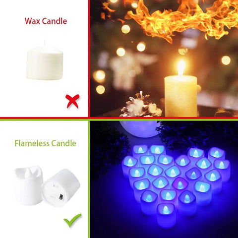 Comparison of wax candle and blue white LED flameless candles with realistic flame effect glowing in dark setup